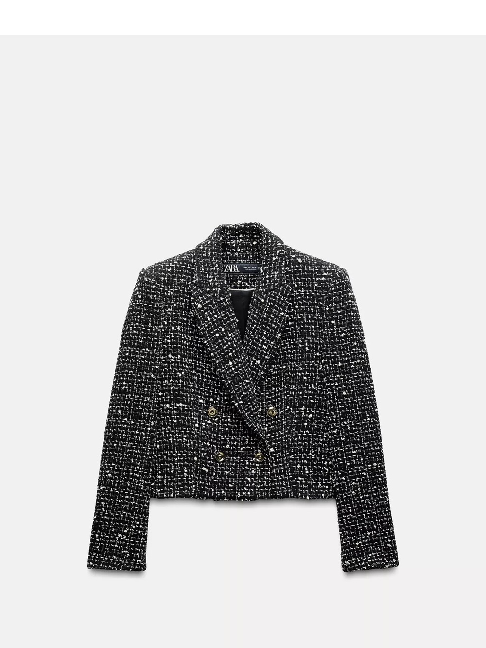 ZARA Black & White Cropped Tweed Double-Breasted Blazer